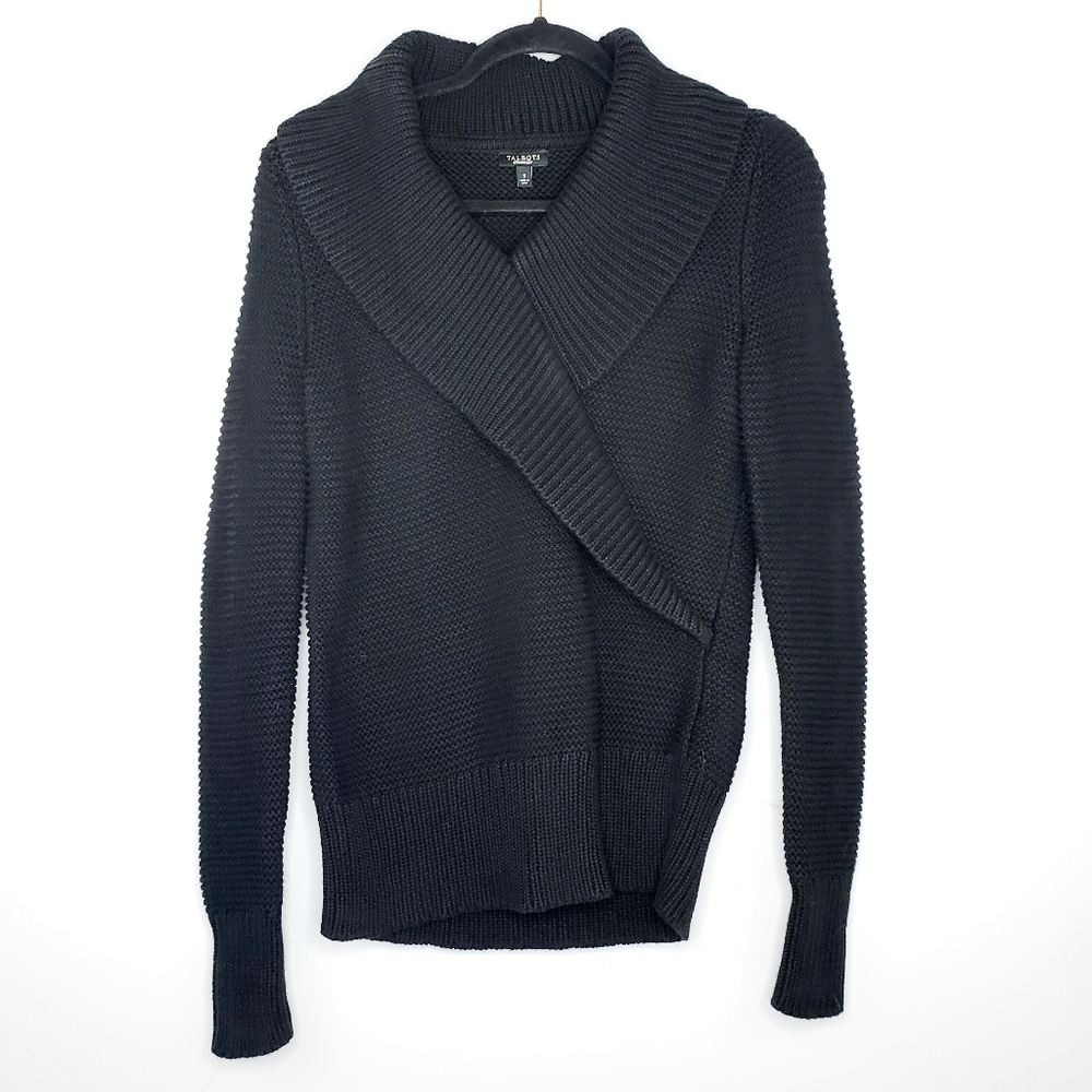 Talbots Chunky Knit Sweater Black Faux Wrap